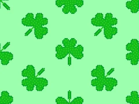 Seamless pattern with green clover leaves in pixel art style for St. Patric.. Stock Illustration