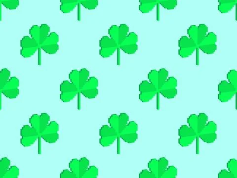 Seamless pattern with green clover leaves in pixel art style and 3d for St... Stock Illustration