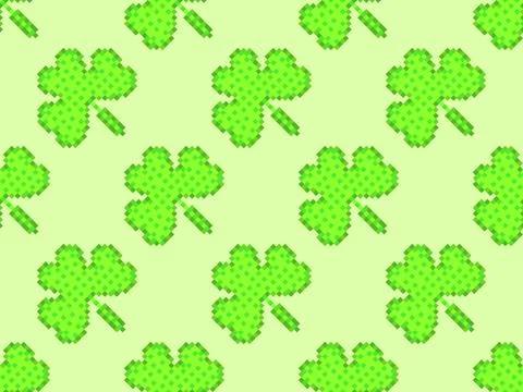 Seamless pattern with green clover leaves in pixel art style for St. Patric.. Stock-Illustration