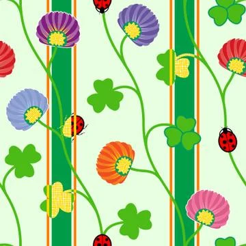 Seamless pattern with green clover shamrock ladybugs and ribbons Vector イラスト素材