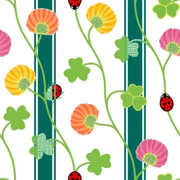 Seamless pattern with green clover shamrock ladybugs and ribbons on a white Stock Illustration