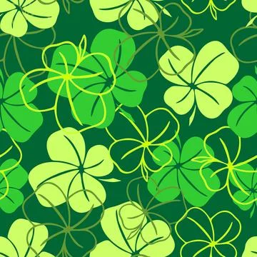 Seamless pattern of green contours and silhouettes of a four-leaf clover Illustrazione stock