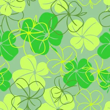 Seamless pattern of green contours and silhouettes of a four-leaf clover Illustrazione stock