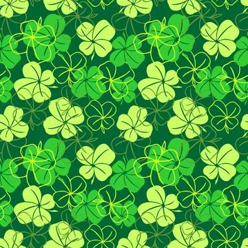 Seamless pattern of green contours and silhouettes of a four-leaf clover Stock-Illustration