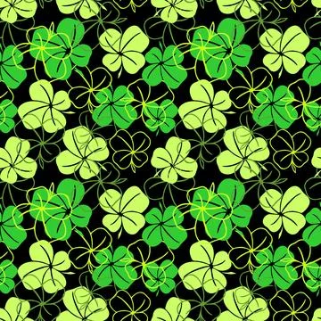 Seamless pattern of green contours and silhouettes of a four-leaf clover Stock Illustration