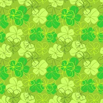 Seamless pattern of green contours and silhouettes of a four-leaf clover on.. Stock Illustration