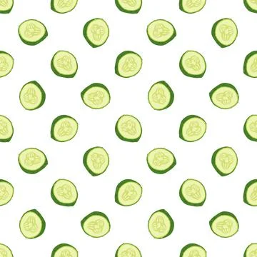 Seamless pattern with green cucumber cut into pieces. Stock Illustration