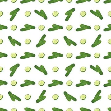 Seamless pattern with green cucumber cut into pieces. Stock Illustration