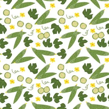 Seamless pattern with green cucumbers and yellow flowers Stock Illustration