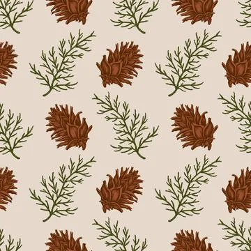 Seamless pattern with green cypress branch and pine cone Stock Illustration
