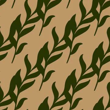 Seamless pattern with green diagonal seaweed ornament. Beige background. Inde Stock Illustration