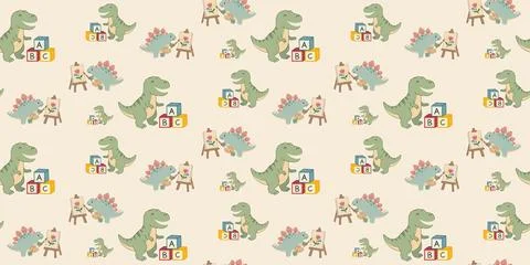 Seamless pattern of green dinosaur red pink stegosaurus and colorful building Stock Illustration