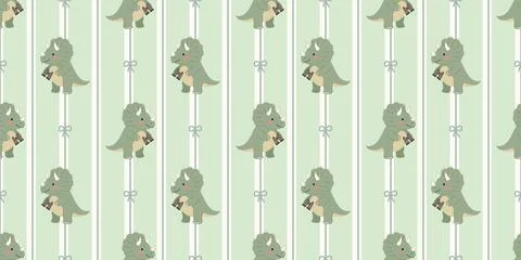 Seamless pattern with green dinosaur toys on striped beige background Stock Illustration