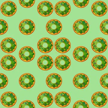 Seamless pattern of green donuts on a light green background. Confectionery Stock Illustration