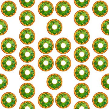 Seamless pattern of green donuts on a white isolated background. Confectionery Stock Illustration