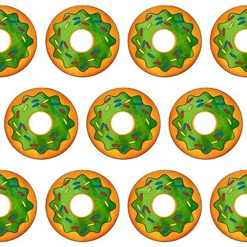 Seamless pattern of green donuts on a white isolated background. Confectionery Stock Illustration