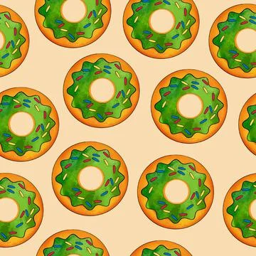 Seamless pattern of green donuts on a yellow background. Confectionery sweets Stock Illustration