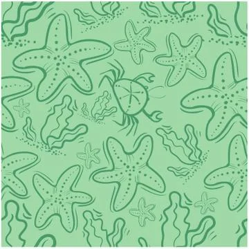 Seamless pattern green doodle starfish, crab and seaweed Stock Illustration
