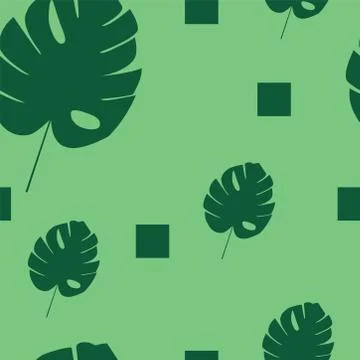 Seamless pattern with green exotic leaves and squares on green background Stock Illustration