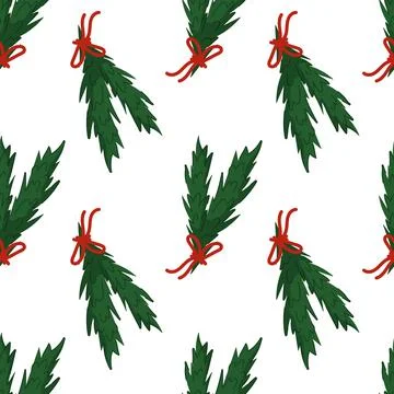 Seamless pattern of green festive branches tied with red bows in flat style Stock Illustration