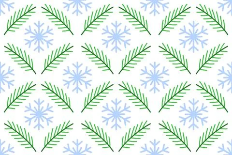 Seamless pattern with green fir tree branches and light blue snowflake. fla.. イラスト素材