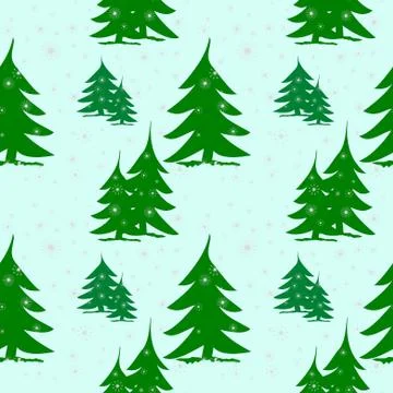 Seamless pattern green fir trees on snow with silver snowflakes Stock Illustration