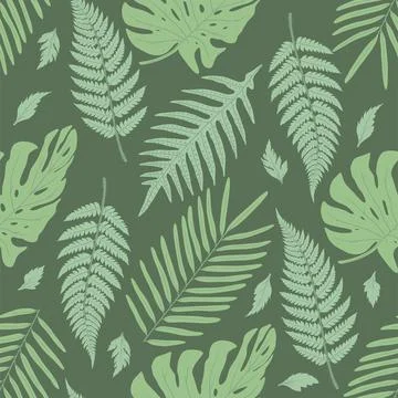 Seamless pattern with green flat tropical leaves. Stock Illustration