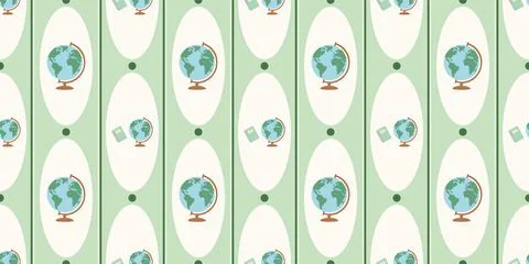 Seamless pattern with green globes and books on light green background Stock Illustration