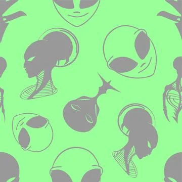 Seamless pattern green graphic aliens on gray background, texture, design 库存插图