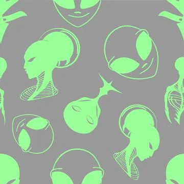 Seamless pattern green graphic aliens on gray background, texture, design 스톡 일러스트