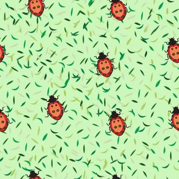 Seamless pattern with green grass and lady bugs illustration - Easter theme Ilustración de archivo
