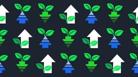 Seamless pattern of green growth arrows and sprout icons background Stock Footage 334189369