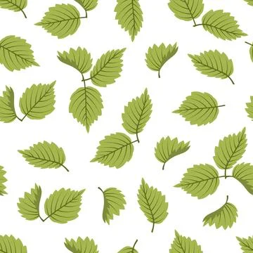 Seamless Pattern With Green Hazelnut Leaves In Flat Style. Repeating Fresh .. Stock Illustration