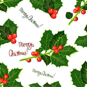 Seamless pattern green holly tree and inscription. Xmas tree hand drawn Illustrazione stock