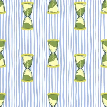 Seamless pattern with green hourglass elements. White and blue striped backgr 스톡 일러스트