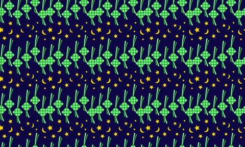 Seamless pattern of green ketupat and stars on a dark blue background. Illustrazione stock