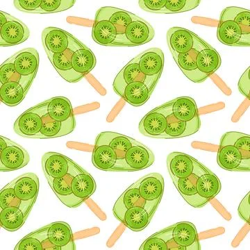 Seamless pattern with green kiwi ice cream popsicle on white background in Stock Illustration
