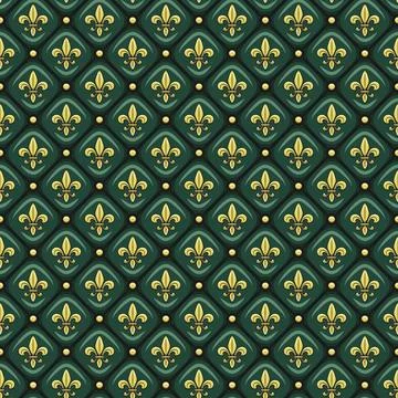 Seamless pattern with green leather upholstery, golden fleur-de-lis. Stock Illustration