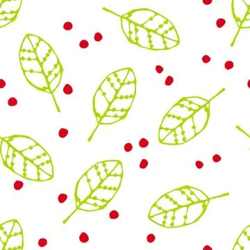 Seamless pattern with green leaves and red dots Stock Illustration