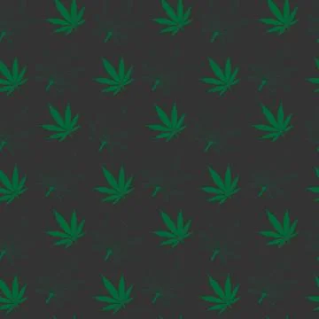 Seamless pattern of green leaves and green outline of hemp leaves on a dark g Stock Illustration