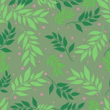 Seamless pattern with green leaves and berries. Abstract botanical ornament. Stock Illustration
