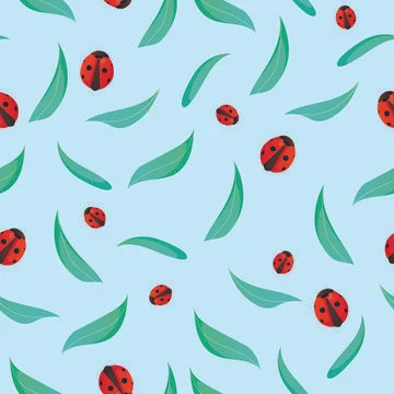 Seamless pattern with green leaves and ladybugs. Stock Illustration
