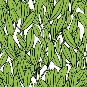 Seamless pattern with green leaves and branches. Vector background. Line art Stock Illustration