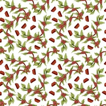 Seamless pattern of green leaves and red beans on white background 库存插图