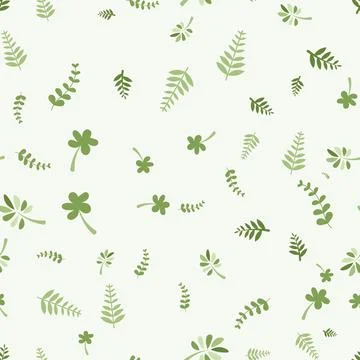 Seamless pattern with green leaves and clovers isolated on white background Stock Illustration