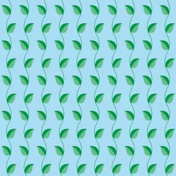 Seamless  pattern green leaves blue background. Vector Stock Illustration