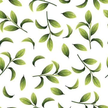 Seamless pattern of green leaves. Blueberry leaf texture. Twigs for fabric,.. Stock Illustration