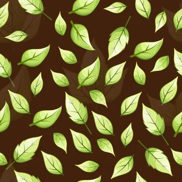 Seamless pattern of green leaves on brown background Stock Illustration