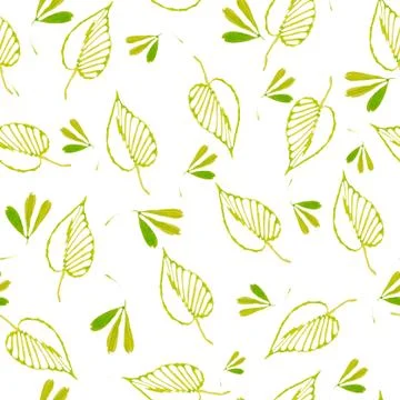 Seamless pattern of green leaves created from doodles drawn with markers. For イラスト素材