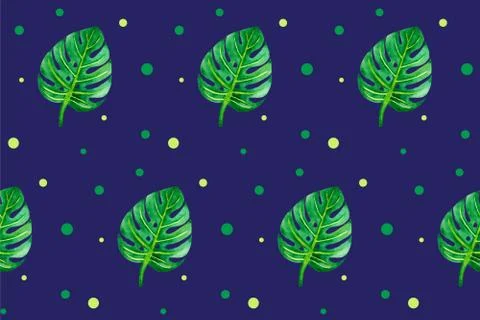 Seamless pattern with green leaves on dark board. Monstera illustration Stock Illustration